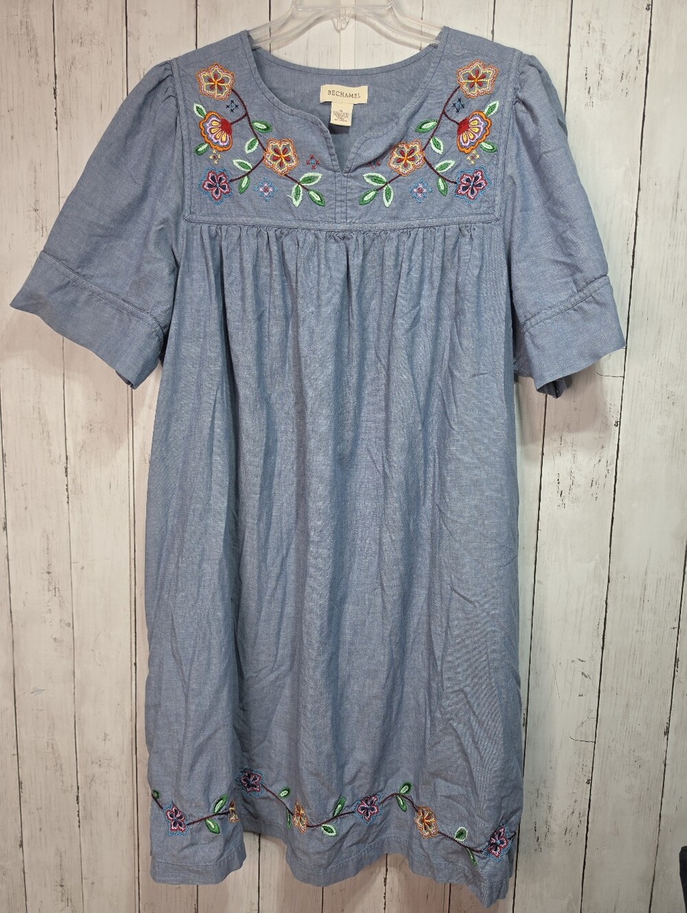 Bechamel Women's Blue Chambray Floral Embroidered Dress Pockets Size XL.
